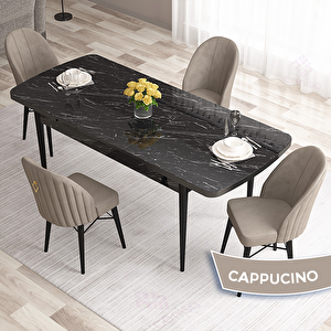 Roz Serisi 80x132 Açılabilir Siyah Mermer Desen Masa Takımı Ve 4 Cappucino Sandalye Cappucino