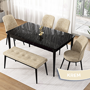 Pir Serisi 80x130 Siyah Mermer Desen Masa Takımı 4 Krem Sandalye Ve 1 Bench Krem