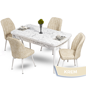 Mun Serisi 80x132 Açılabilir Mdf Beyaz Mermer Desen Masa Takımı Ve 4 Krem Sandalye Krem
