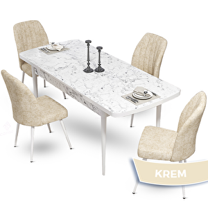 Mun Serisi 80x132 Açılabilir Mdf Beyaz Mermer Desen Masa Takımı Ve 4 Krem Sandalye Krem