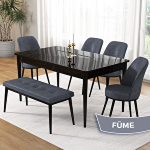 Pir Serisi 80x130 Siyah Mermer Desen Masa Takımı 4 Füme Sandalye Ve 1 Bench Füme