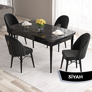 Roz Serisi 80x132 Açılabilir Siyah Mermer Desen Masa Takımı Ve 4 Siyah Sandalye Siyah