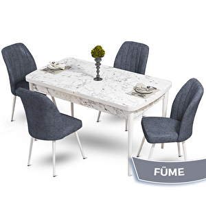 Mun Serisi 80x132 Açılabilir Mdf Beyaz Mermer Desen Masa Takımı Ve 4 Füme Sandalye Füme