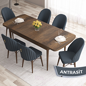 Roz Serisi 80x132 Açılabilir Barok Ahşap Desen Masa Takımı Ve 6 Antrasit Sandalye Antrasit