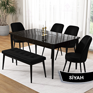 Pir Serisi 80x130 Siyah Mermer Desen Masa Takımı 4 Siyah Sandalye Ve 1 Bench Siyah