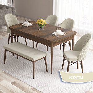 Roz Serisi 80x132 Açılabilir Barok Ahşap Desen Masa Takımı 4 Krem Sandalye Ve 1 Bench Krem