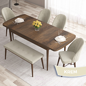 Roz Serisi 80x132 Açılabilir Barok Ahşap Desen Masa Takımı 4 Krem Sandalye Ve 1 Bench Krem