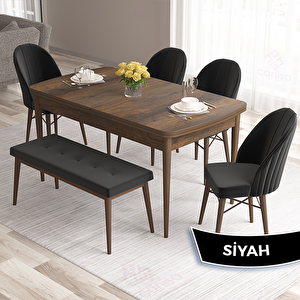 Roz Serisi 80x132 Açılabilir Barok Ahşap Desen Masa Takımı 4 Siyah Sandalye Ve 1 Bench Siyah