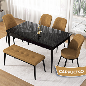 Pir Serisi 80x130 Siyah Mermer Desen Masa Takımı 4 Cappucino Sandalye Ve 1 Bench Cappucino