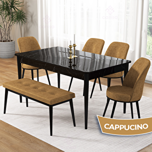 Pir Serisi 80x130 Siyah Mermer Desen Masa Takımı 4 Cappucino Sandalye Ve 1 Bench Cappucino
