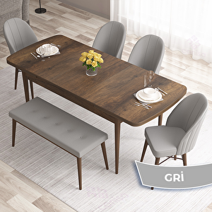Roz Serisi 80x132 Açılabilir Barok Ahşap Desen Masa Takımı 4 Gri Sandalye Ve 1 Bench Gri