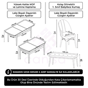Roz Serisi 80x132 Açılabilir Barok Ahşap Desen Masa Takımı 4 Gri Sandalye Ve 1 Bench
