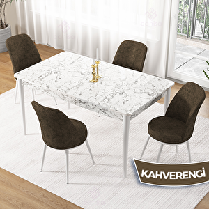 Pir Serisi 80x130 Beyaz Mermer Desen Masa Takımı Ve 4 Kahverengi Sandalye Kahverengi