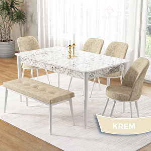 Pir Serisi 80x130 Beyaz Mermer Desen Masa Takımı 4 Krem Sandalye Ve 1 Bench Krem