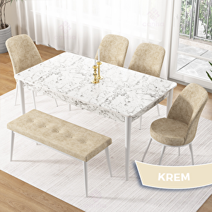 Pir Serisi 80x130 Beyaz Mermer Desen Masa Takımı 4 Krem Sandalye Ve 1 Bench Krem