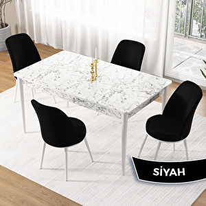 Pir Serisi 80x130 Beyaz Mermer Desen Masa Takımı Ve 4 Siyah Sandalye Siyah