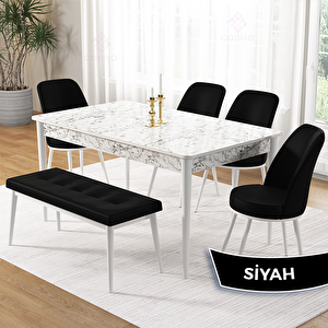 Pir Serisi 80x130 Beyaz Mermer Desen Masa Takımı 4 Siyah Sandalye Ve 1 Bench Siyah