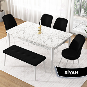Pir Serisi 80x130 Beyaz Mermer Desen Masa Takımı 4 Siyah Sandalye Ve 1 Bench Siyah