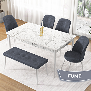 Pir Serisi 80x130 Beyaz Mermer Desen Masa Takımı 4 Füme Sandalye Ve 1 Bench Füme