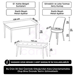 Pir Serisi 80x130 Beyaz Mermer Desen Masa Takımı 4 Füme Sandalye Ve 1 Bench