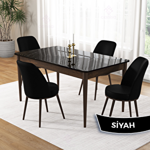 Pir Serisi 80x130 Siyah Mermer Desen Ceviz Ayak Masa Takımı Ve 4 Siyah Sandalye Siyah