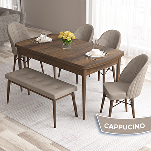 Roz Serisi 80x132 Açılabilir Barok Ahşap Desen Masa Takımı 4 Cappucino Sandalye Ve 1 Bench Cappucino