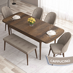 Roz Serisi 80x132 Açılabilir Barok Ahşap Desen Masa Takımı 4 Cappucino Sandalye Ve 1 Bench Cappucino