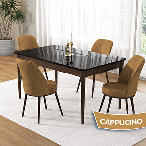 Pir Serisi 80x130 Siyah Mermer Desen Ceviz Ayak Masa Takımı Ve 4 Cappucino Sandalye Cappucino