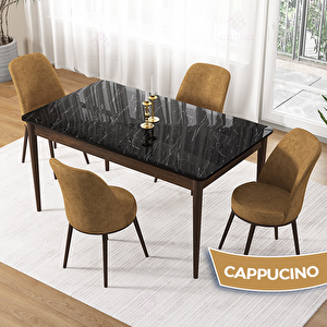 Pir Serisi 80x130 Siyah Mermer Desen Ceviz Ayak Masa Takımı Ve 4 Cappucino Sandalye Cappucino