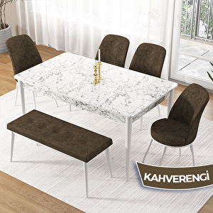 Pir Serisi 80x130 Beyaz Mermer Desen Masa Takımı 4 Kahverengi Sandalye Ve 1 Bench Kahverengi