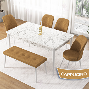 Pir Serisi 80x130 Beyaz Mermer Desen Masa Takımı 4 Cappucino Sandalye Ve 1 Bench Cappucino