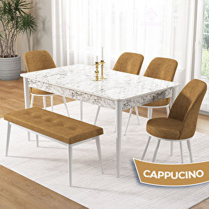 Pir Serisi 80x130 Beyaz Mermer Desen Masa Takımı 4 Cappucino Sandalye Ve 1 Bench Cappucino