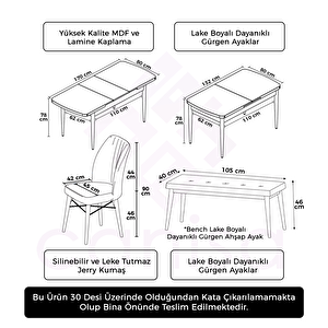 Rio Serisi 80x132 Açılabilir Mdf Beyaz Masa Takımı 4 Füme Sandalye Ve 1 Bench