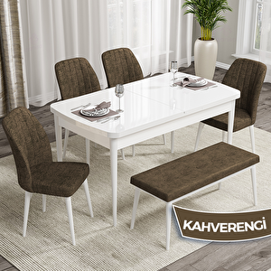Rio Serisi 80x132 Açılabilir Mdf Beyaz Masa Takımı 4 Kahverengi Sandalye Ve 1 Bench Kahverengi