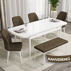 Rio Serisi 80x132 Açılabilir Mdf Beyaz Masa Takımı 4 Kahverengi Sandalye Ve 1 Bench Kahverengi