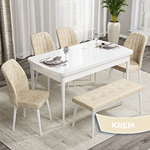 Rio Serisi 80x132 Açılabilir Mdf Beyaz Masa Takımı 4 Krem Sandalye Ve 1 Bench Krem