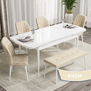Rio Serisi 80x132 Açılabilir Mdf Beyaz Masa Takımı 4 Krem Sandalye Ve 1 Bench Krem