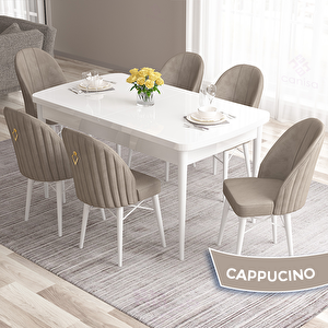 Roz Serisi 80x132 Açılabilir Beyaz Masa Takımı Ve 6 Cappucino Sandalye Cappucino