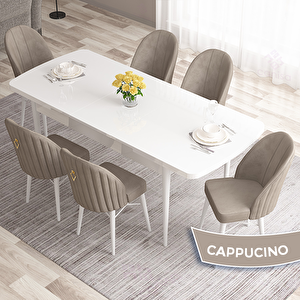 Roz Serisi 80x132 Açılabilir Beyaz Masa Takımı Ve 6 Cappucino Sandalye Cappucino