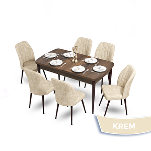 Mun Serisi 80x132 Açılabilir Mdf Barok Ahşap Desen Masa Takımı Ve 6 Krem Sandalye Krem