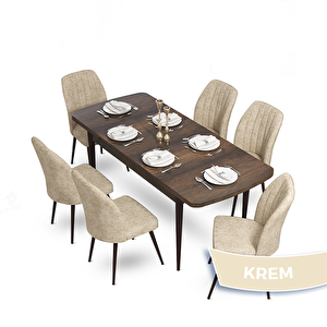 Mun Serisi 80x132 Açılabilir Mdf Barok Ahşap Desen Masa Takımı Ve 6 Krem Sandalye Krem