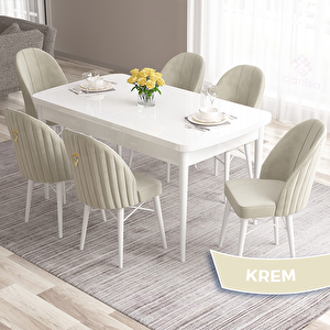 Roz Serisi 80x132 Açılabilir Beyaz Masa Takımı Ve 6 Krem Sandalye Krem