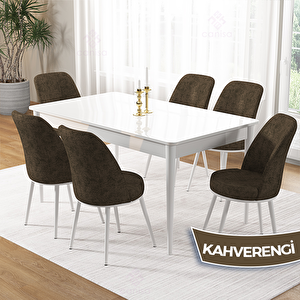 Pir Serisi 80x130 Beyaz Masa Takımı Ve 6 Kahverengi Sandalye Kahverengi