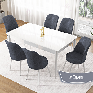 Pir Serisi 80x130 Beyaz Masa Takımı Ve 6 Füme Sandalye Füme