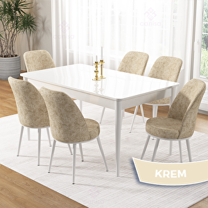 Pir Serisi 80x130 Beyaz Masa Takımı Ve 6 Krem Sandalye Krem
