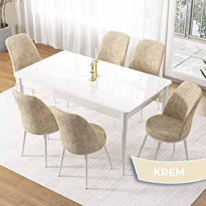 Pir Serisi 80x130 Beyaz Masa Takımı Ve 6 Krem Sandalye Krem
