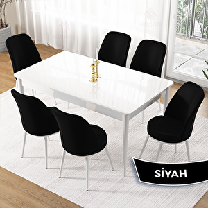 Pir Serisi 80x130 Beyaz Masa Takımı Ve 6 Siyah Sandalye Siyah