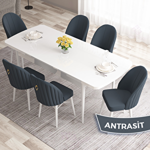 Roz Serisi 80x132 Açılabilir Beyaz Masa Takımı Ve 6 Antrasit Sandalye Antrasit