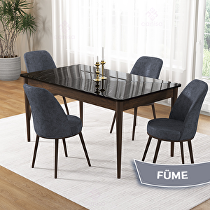 Pir Serisi 80x130 Siyah Mermer Desen Ceviz Ayak Masa Takımı Ve 4 Füme Sandalye Füme