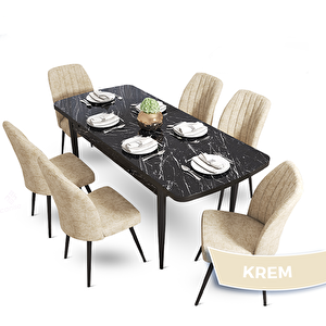 Mun Serisi 80x132 Açılabilir Mdf Siyah Mermer Desen Masa Takımı Ve 6 Krem Sandalye Krem